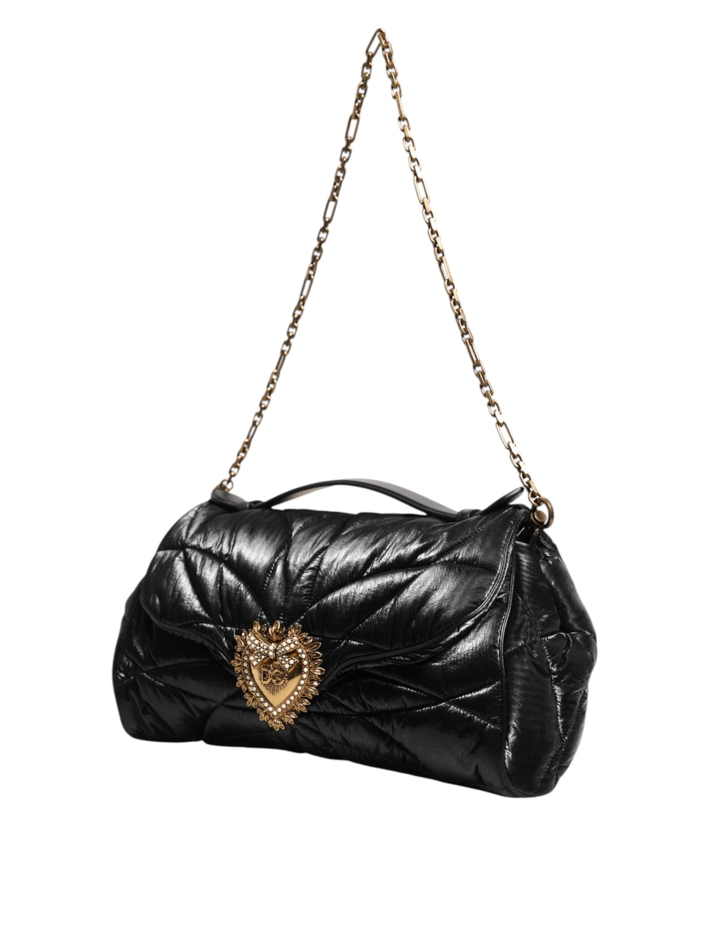 Dolce & Gabbana – Devotion – Umhängetasche aus gestepptem Nylon mit Kettenriemen, Schwarz