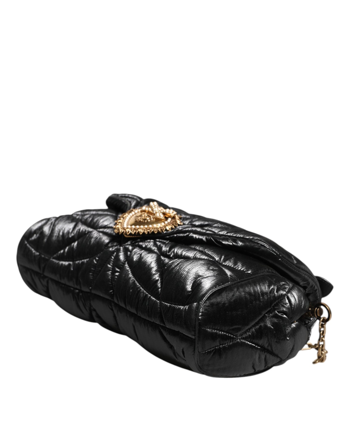 Dolce & Gabbana – Devotion – Umhängetasche aus gestepptem Nylon mit Kettenriemen, Schwarz
