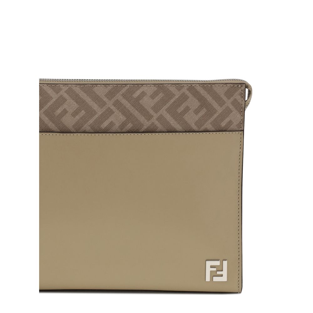 Fendi Leather And Ff Canvas Clutch
