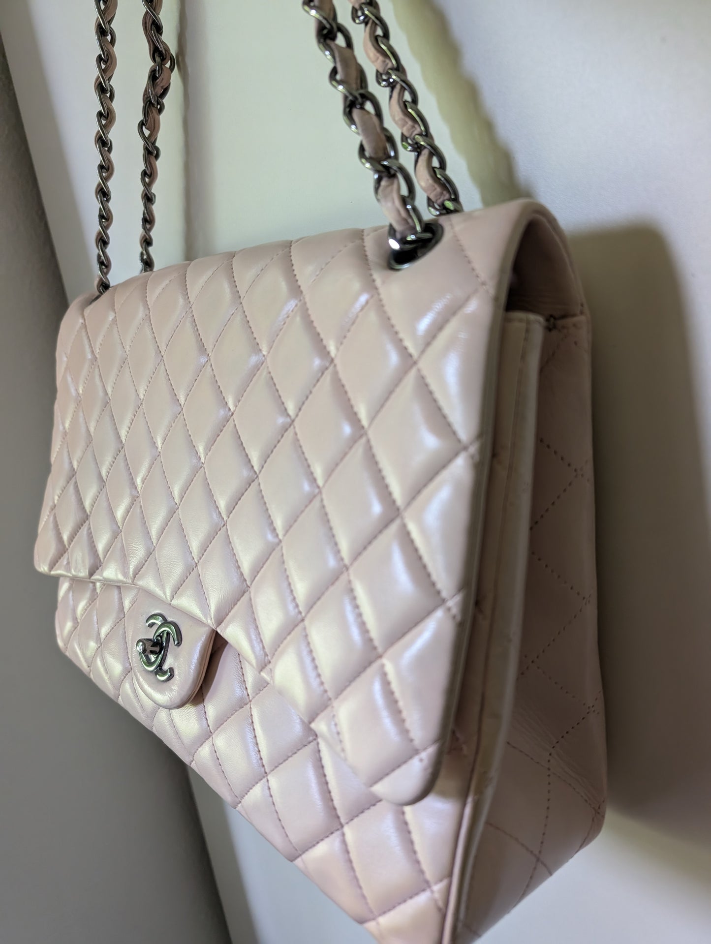 Chanel Maxi Bag In Baby Pink, Lambskin Leather
