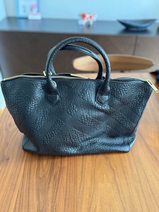 Burberry Dewsbury Black Leather Embossed Check Tote at The Platonist