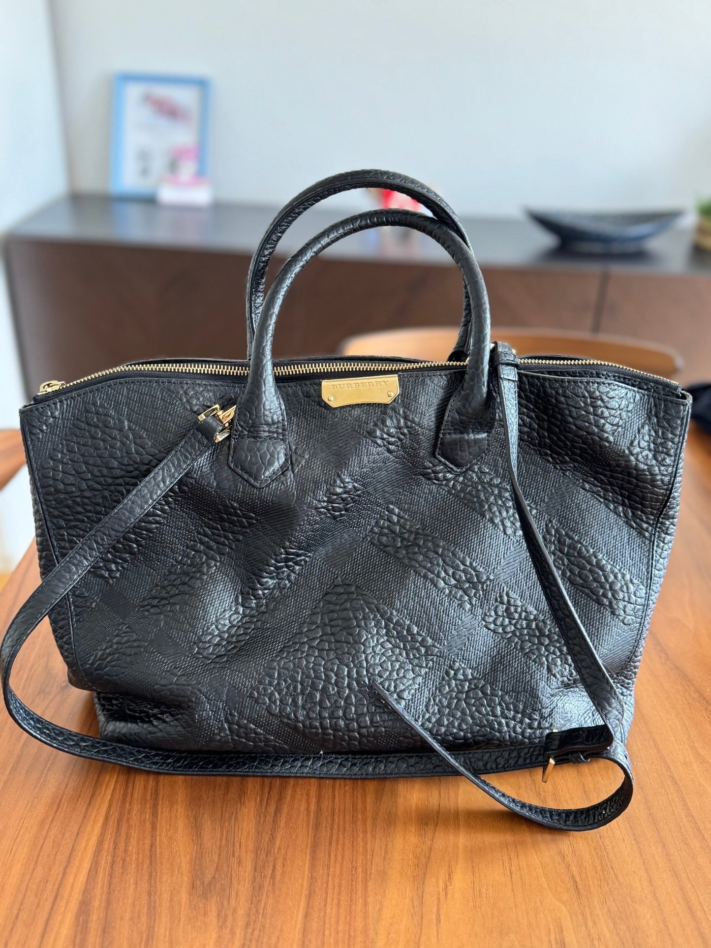 Burberry Dewsbury Black Leather Embossed Check Tote at The Platonist