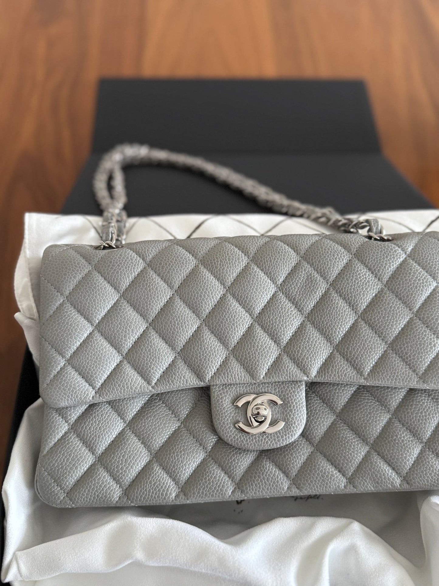 Gray Chanel Medium Double Flap Bag at The Platonist