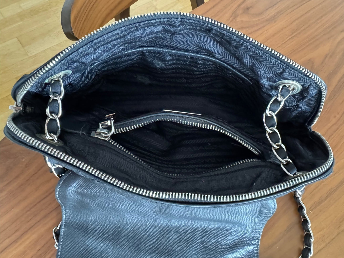 Prada Black Quilted Tessuto Chain Cross Body bag at The Platonist
