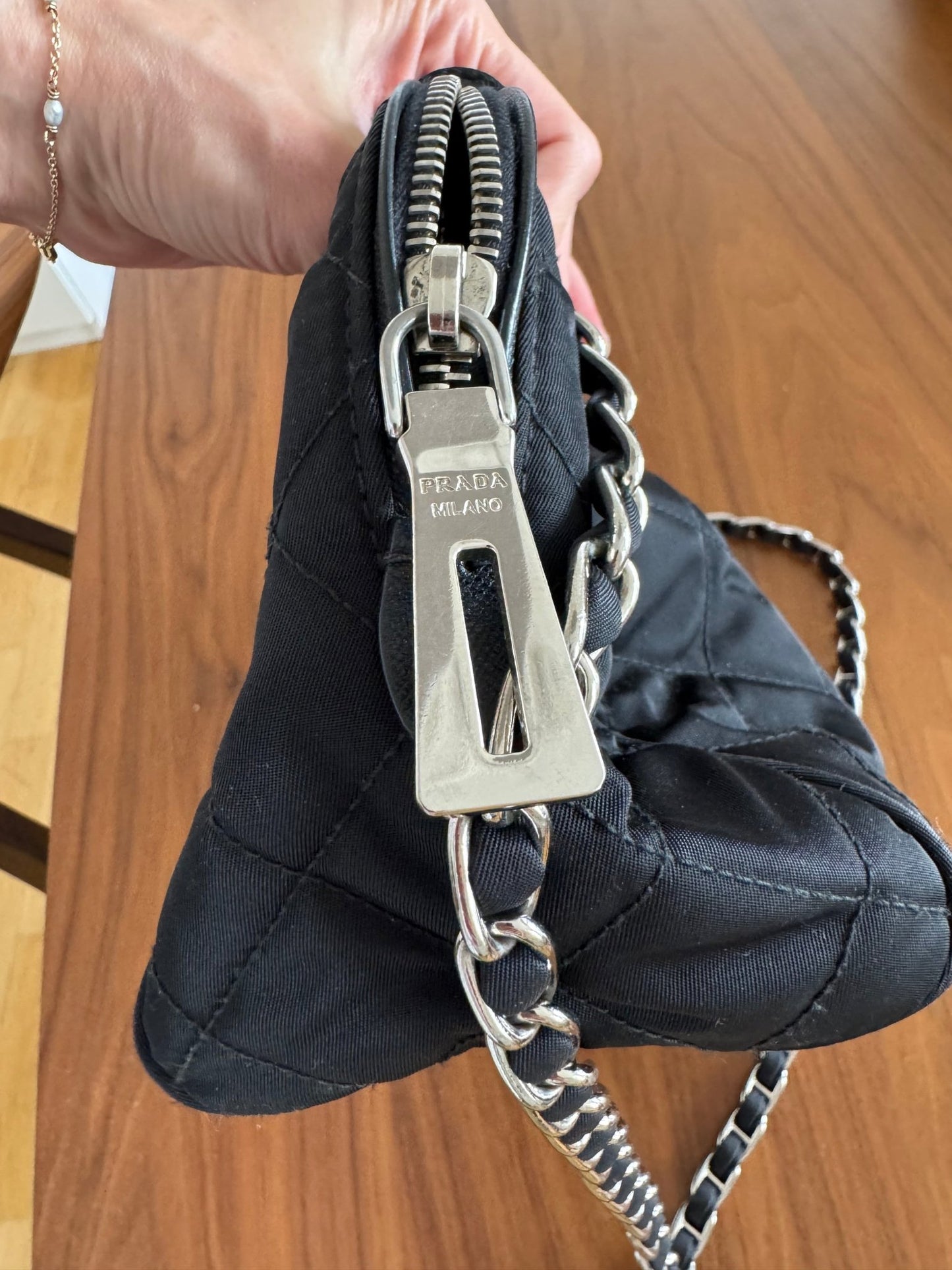 Prada Black Quilted Tessuto Chain Cross Body bag at The Platonist