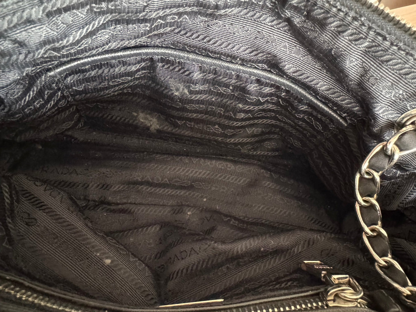 Prada Black Quilted Tessuto Chain Cross Body bag at The Platonist