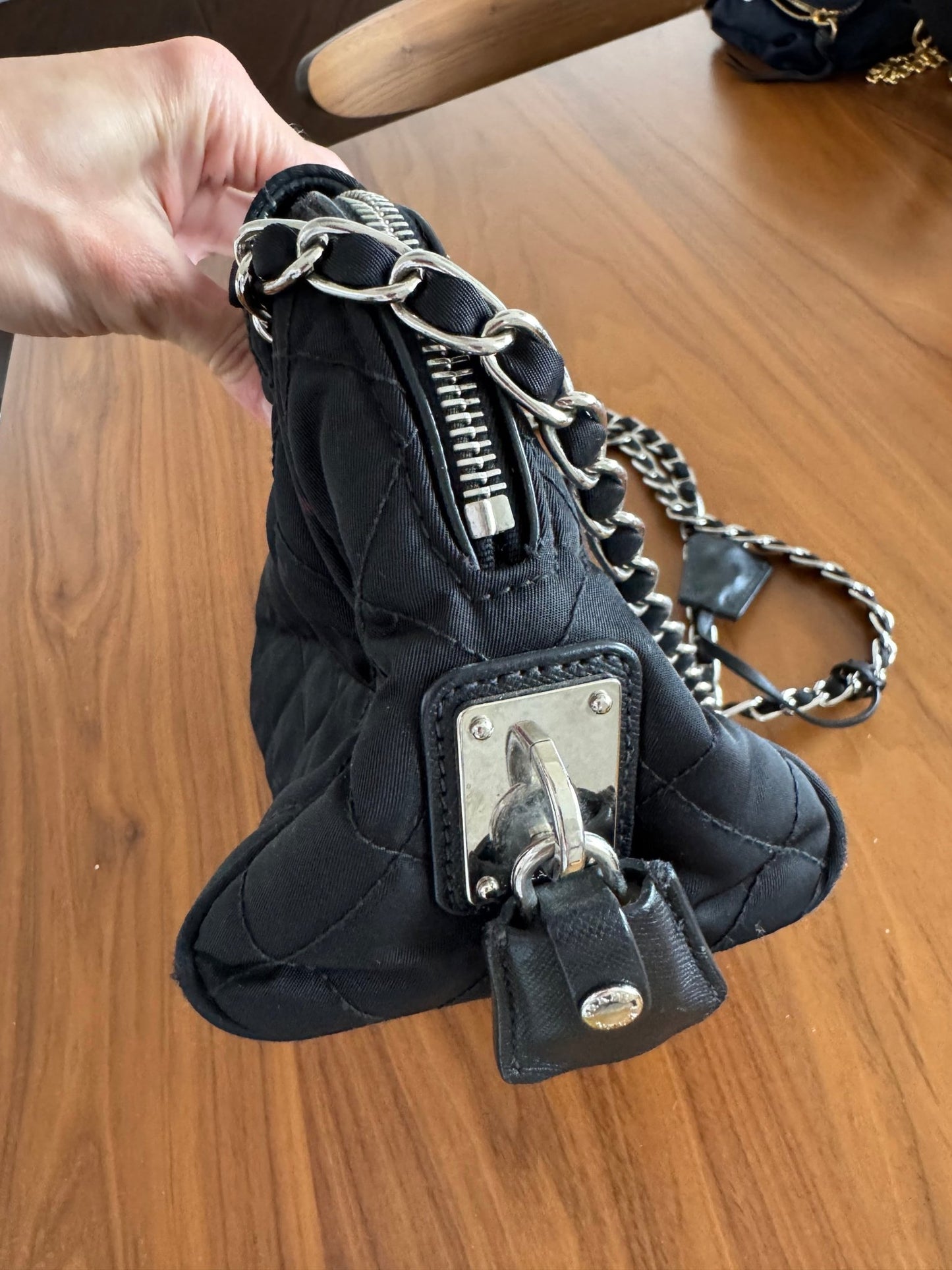 Prada Black Quilted Tessuto Chain Cross Body bag at The Platonist