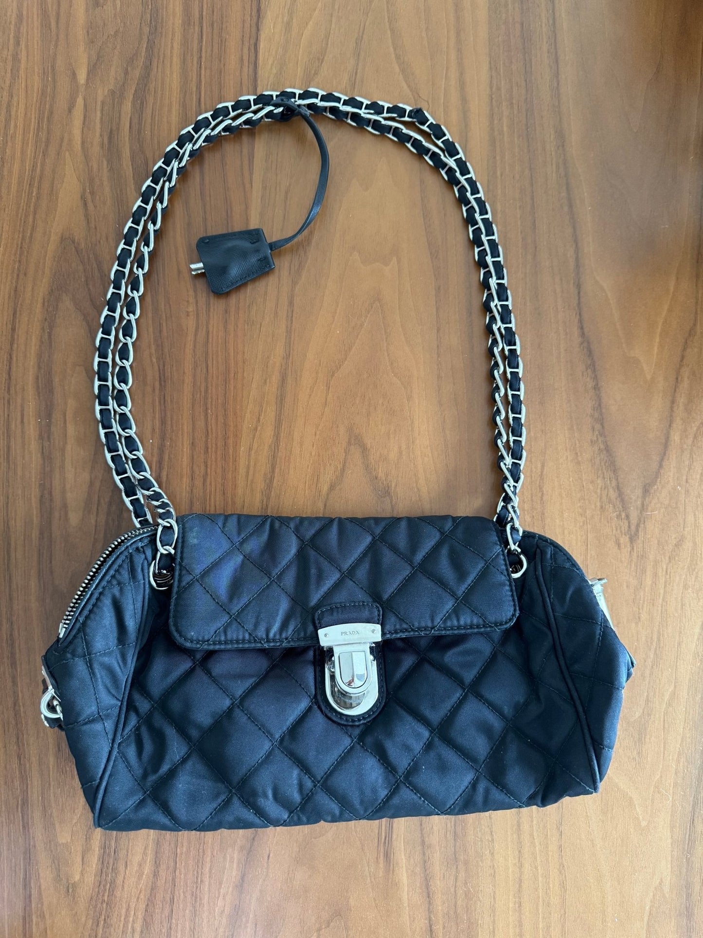 Prada Black Quilted Tessuto Chain Cross Body bag at The Platonist