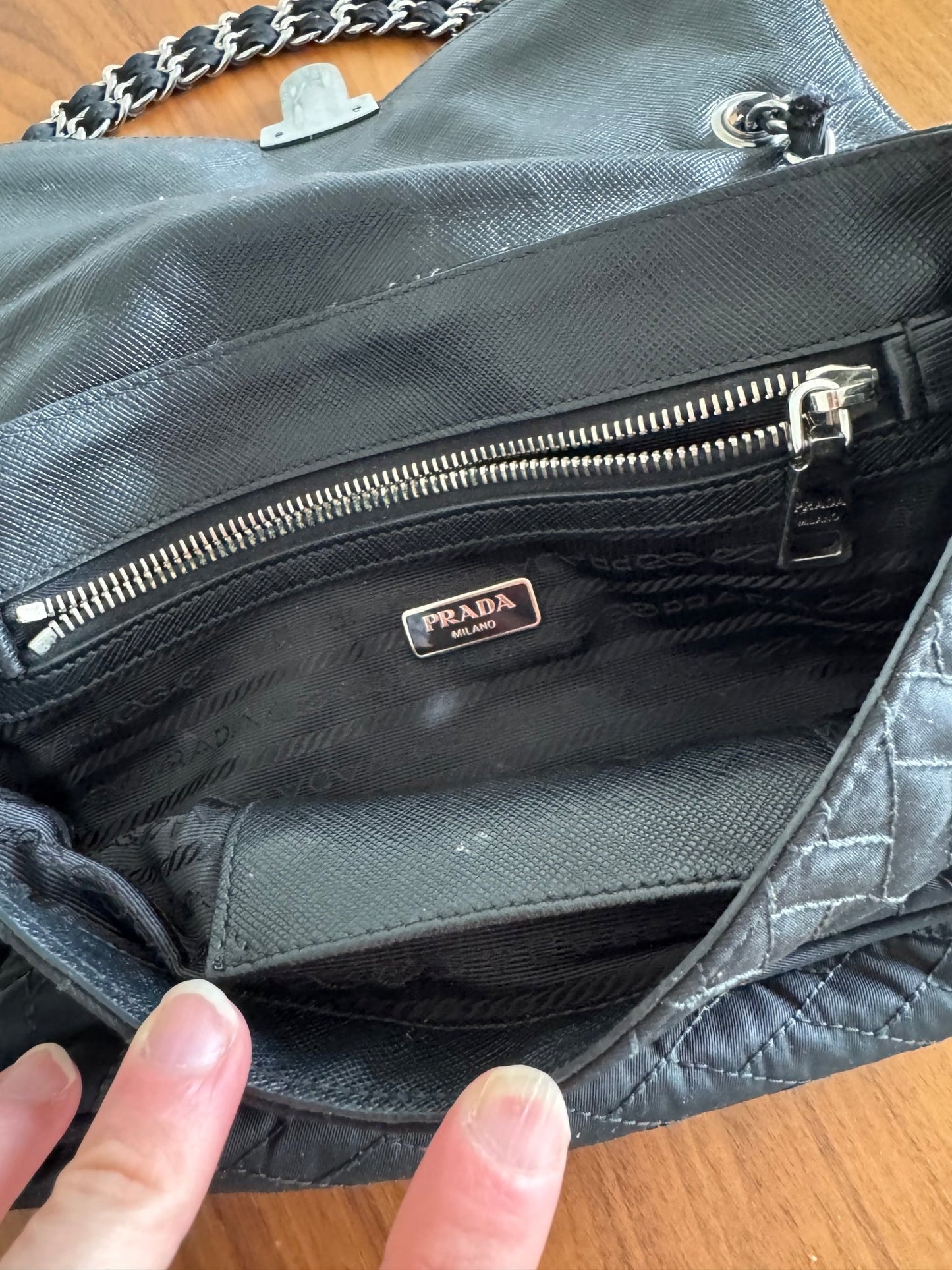 Prada Black Quilted Tessuto Impuntu Chain Shoulder bag at The Platonist