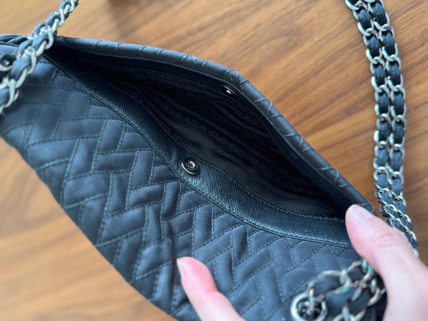 Prada Black Quilted Tessuto Impuntu Chain Shoulder bag at The Platonist