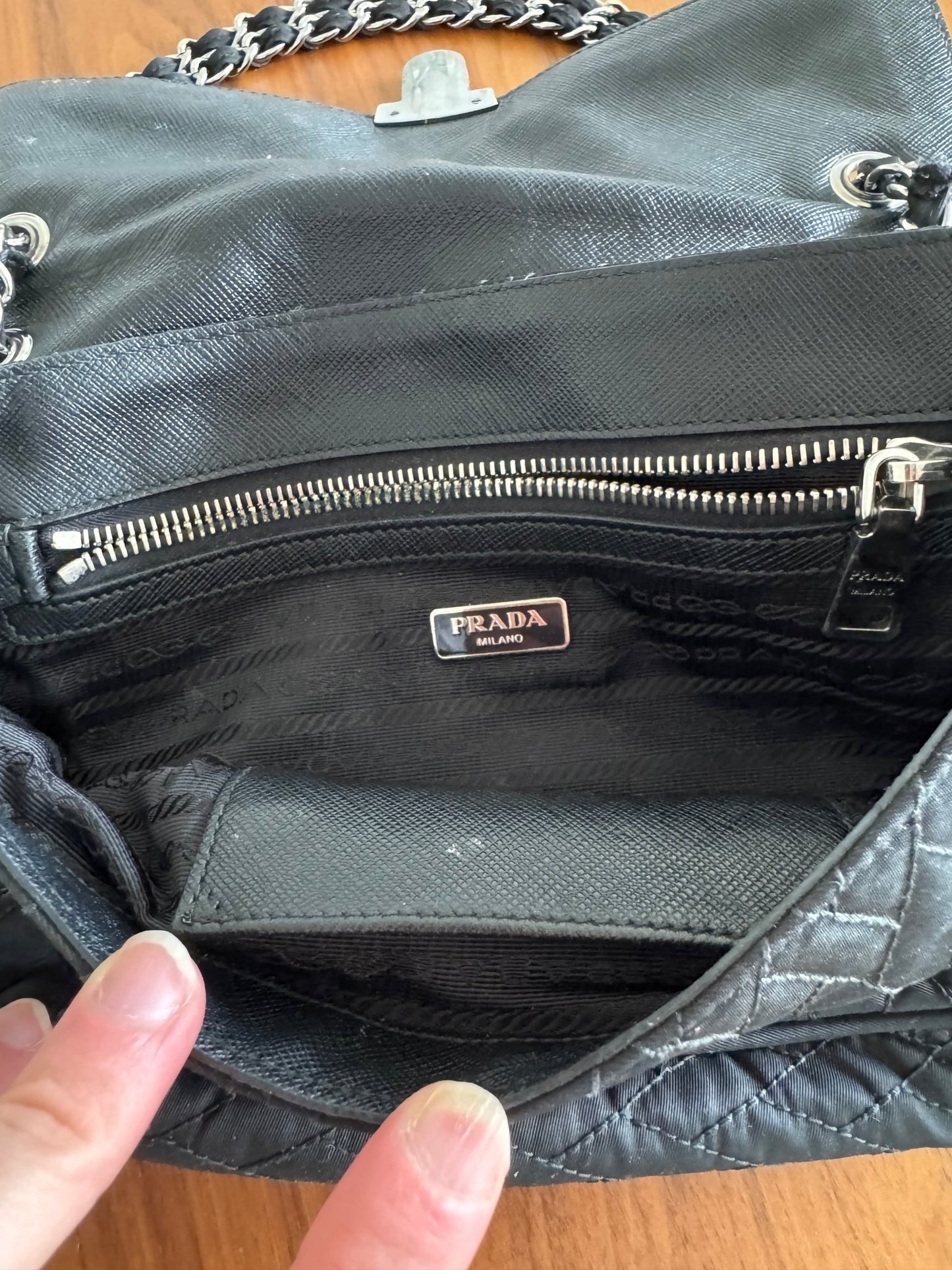 Prada Black Quilted Tessuto Impuntu Chain Shoulder bag at The Platonist
