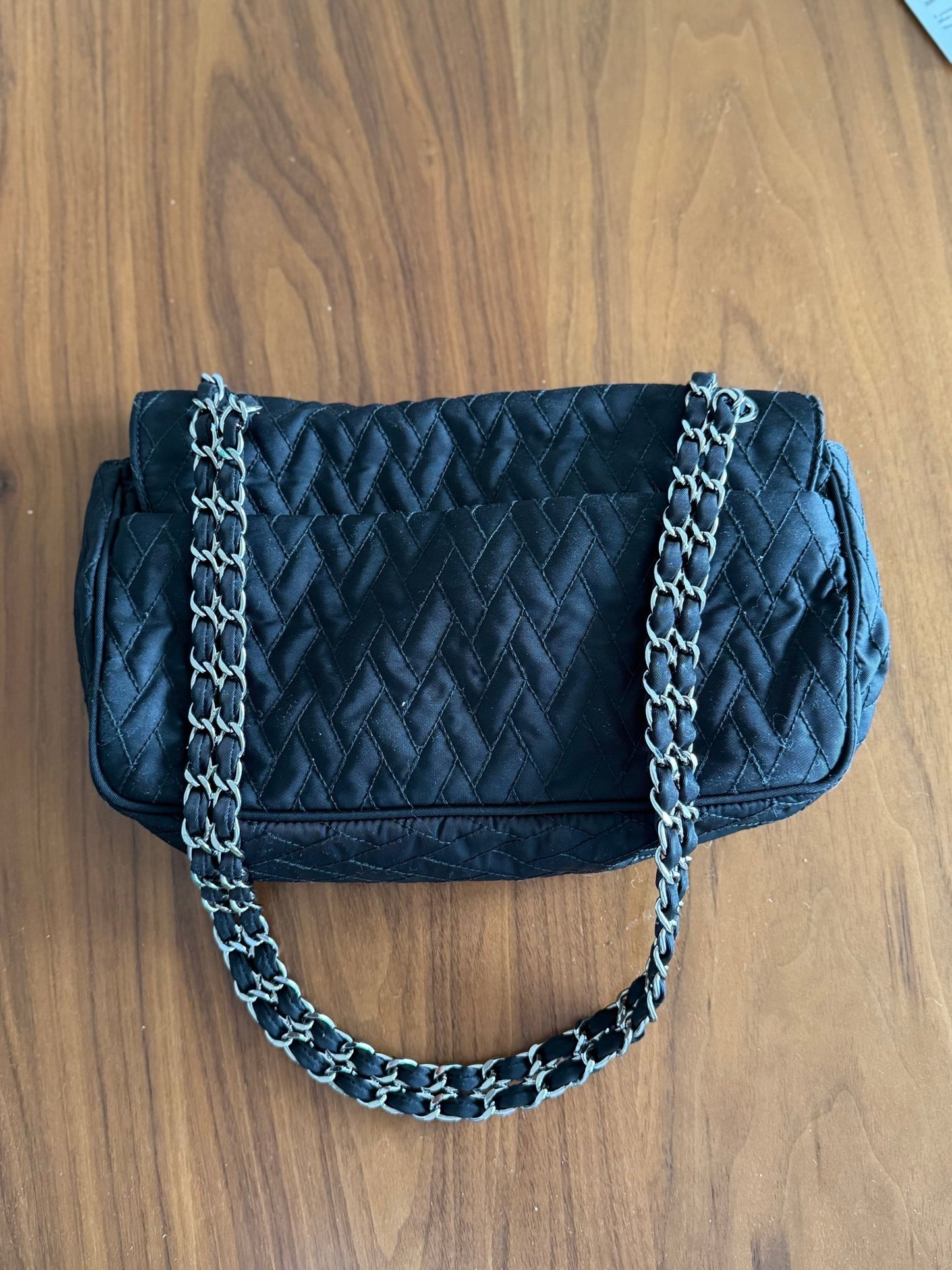 Prada Black Quilted Tessuto Impuntu Chain Shoulder bag at The Platonist