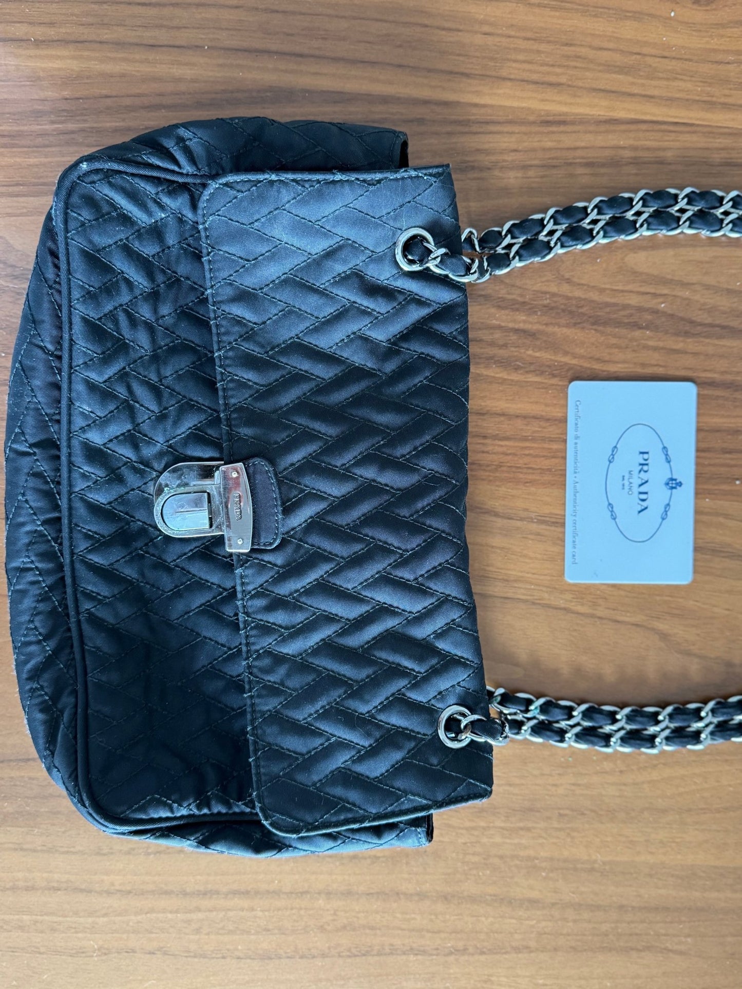Prada Black Quilted Tessuto Impuntu Chain Shoulder bag at The Platonist