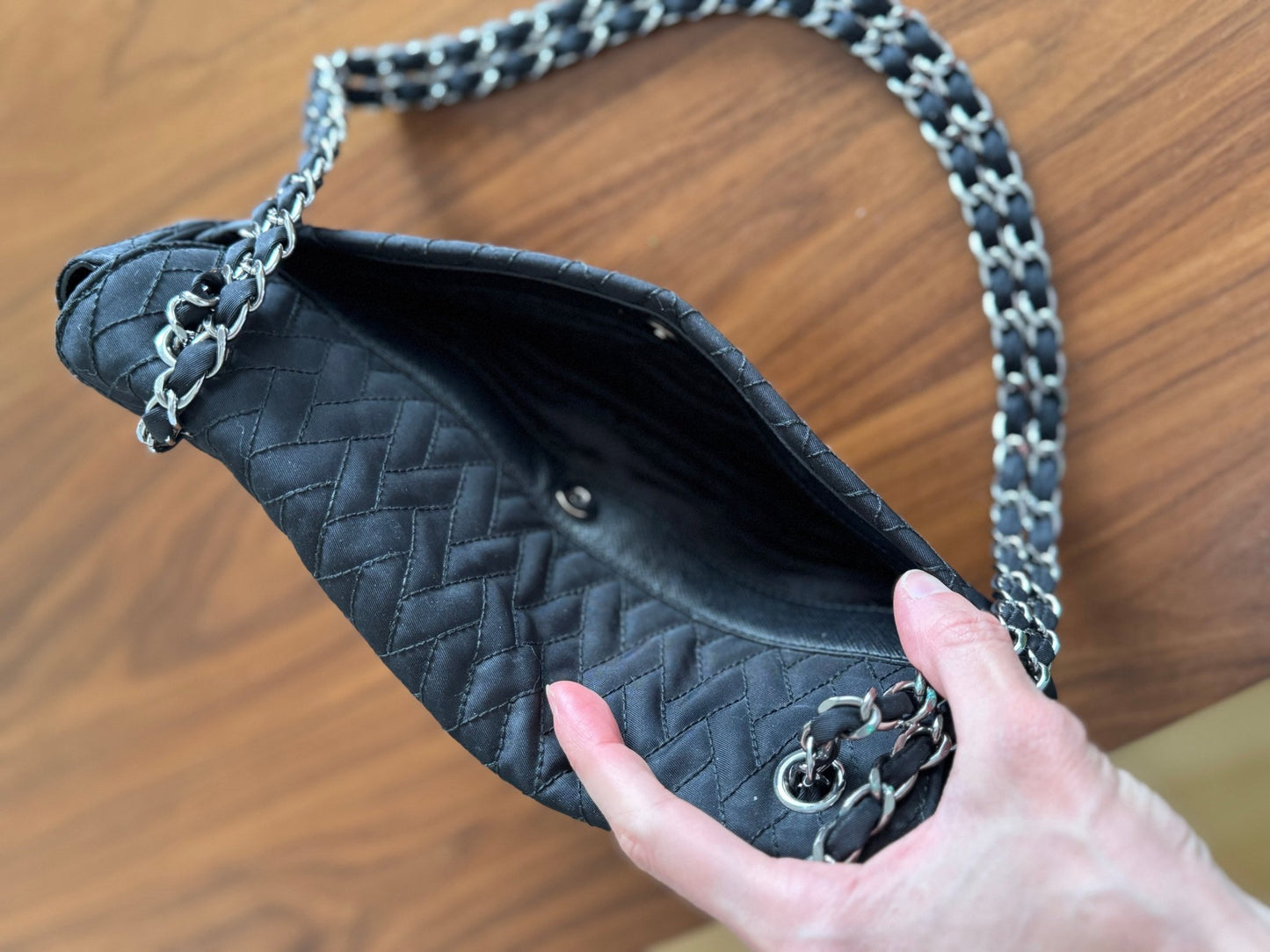 Prada Black Quilted Tessuto Impuntu Chain Shoulder bag at The Platonist