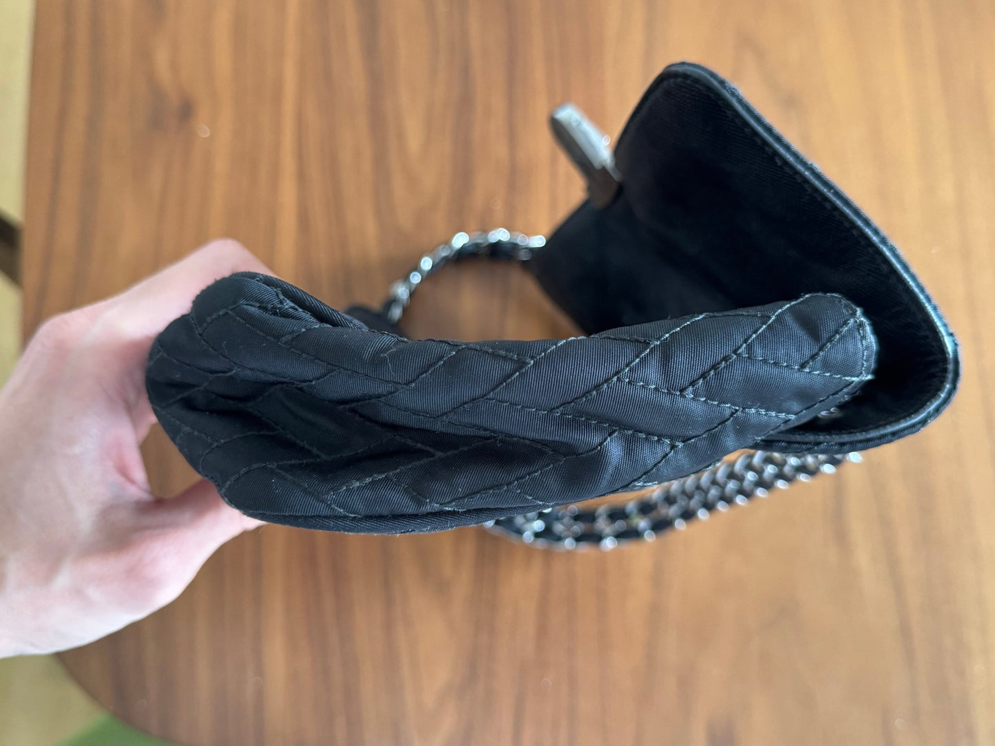 Prada Black Quilted Tessuto Impuntu Chain Shoulder bag at The Platonist