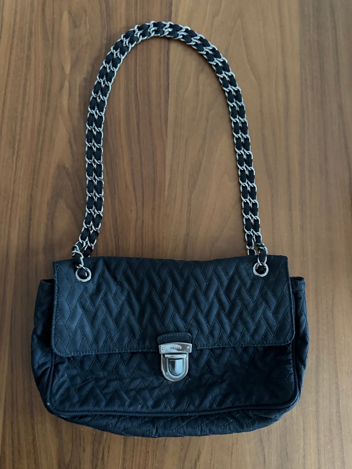 Prada Black Quilted Tessuto Impuntu Chain Shoulder bag at The Platonist