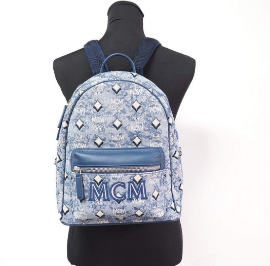 MCM Stark Small Blue Vintage Jacquard Monogram Logo Fabric Backpack Bookbag at The Platonist