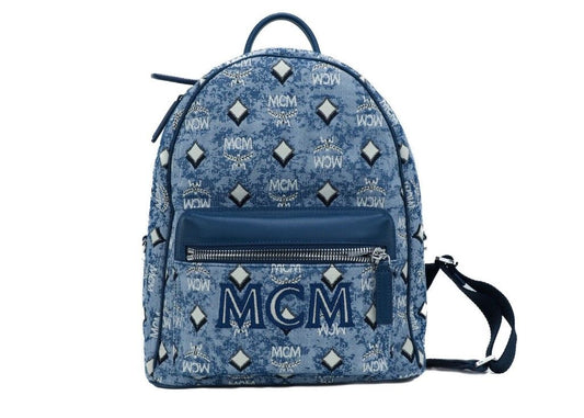 MCM Stark Small Blue Vintage Jacquard Monogram Logo Fabric Backpack Bookbag at The Platonist