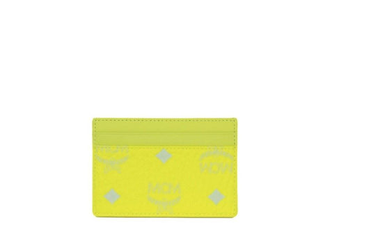 MCM Spectrum Diamond Mini Neon Yellow Visetos Leather Card Case Holder Wallet at The Platonist