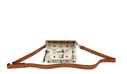MCM Signature Berlin Gold Diamond Logo Leather Mini Flap Lock Crossbody Handbag at The Platonist