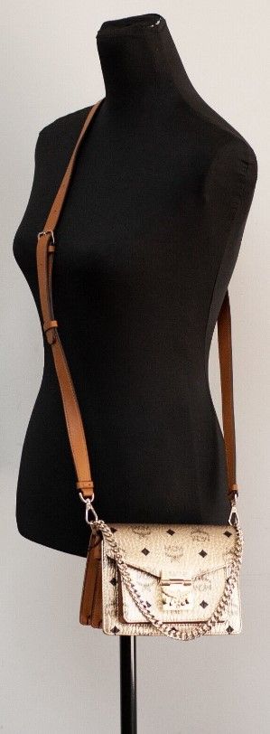 MCM Signature Berlin Gold Diamond Logo Leather Mini Flap Lock Crossbody Handbag at The Platonist