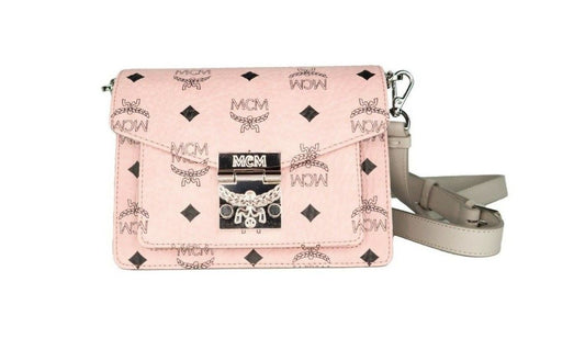 MCM Signature Soft Pink Diamond Logo Leather Mini Flap Lock Crossbody Handbag at The Platonist