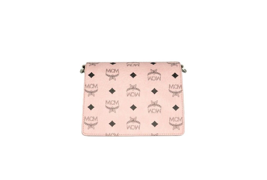 MCM Signature Soft Pink Diamond Logo Leather Mini Flap Lock Crossbody Handbag at The Platonist