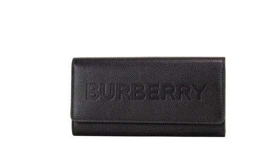 Burberry Porter Black Grained Leather Branded Logo Embossed Clutch Flap Wallet at The Platonist