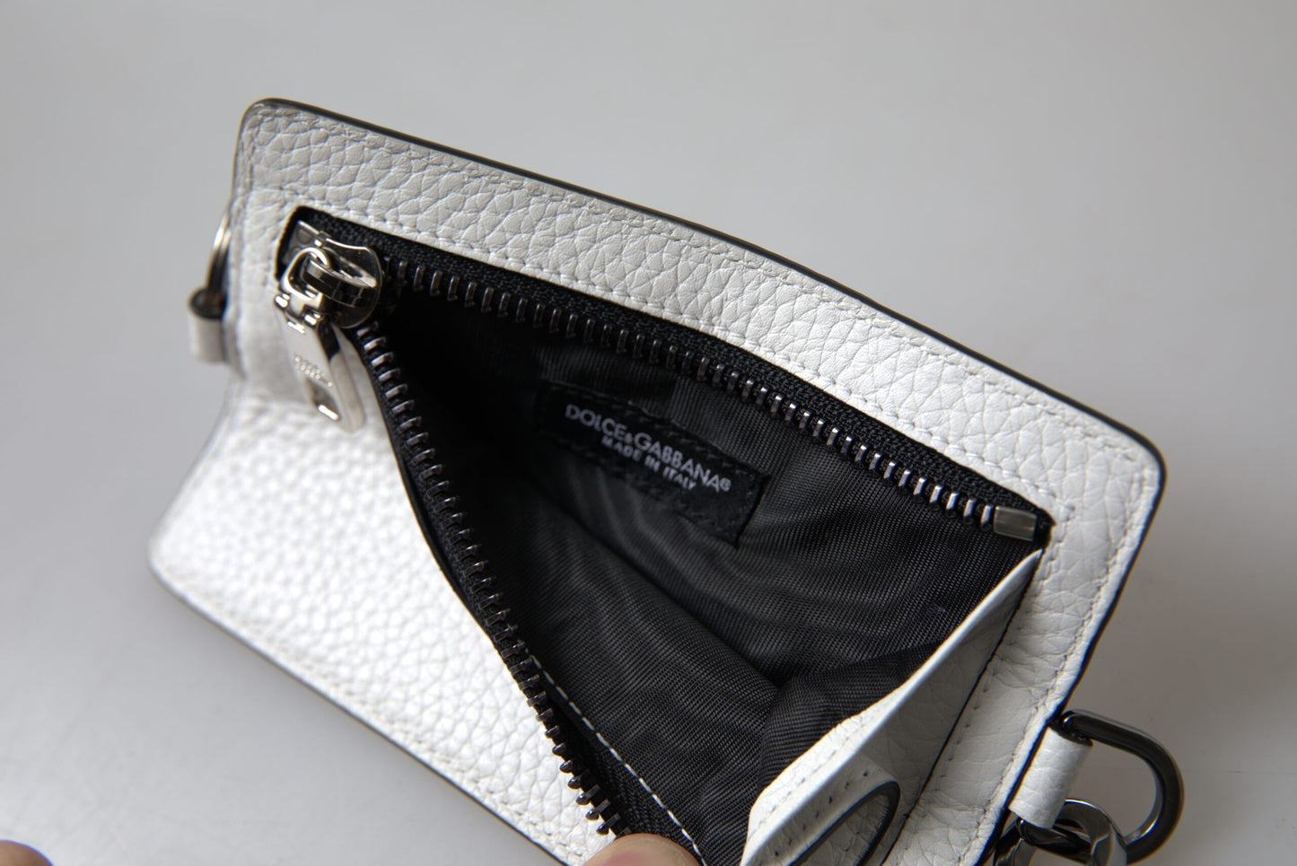 Porte-cartes élégant en cuir blanc Dolce &amp; Gabbana avec cordon