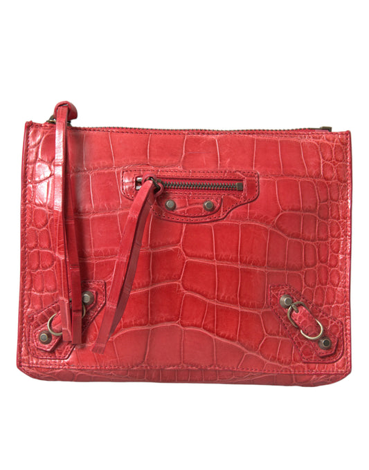 Balenciaga Exotic Red Alligator Leather Clutch at The Platonist