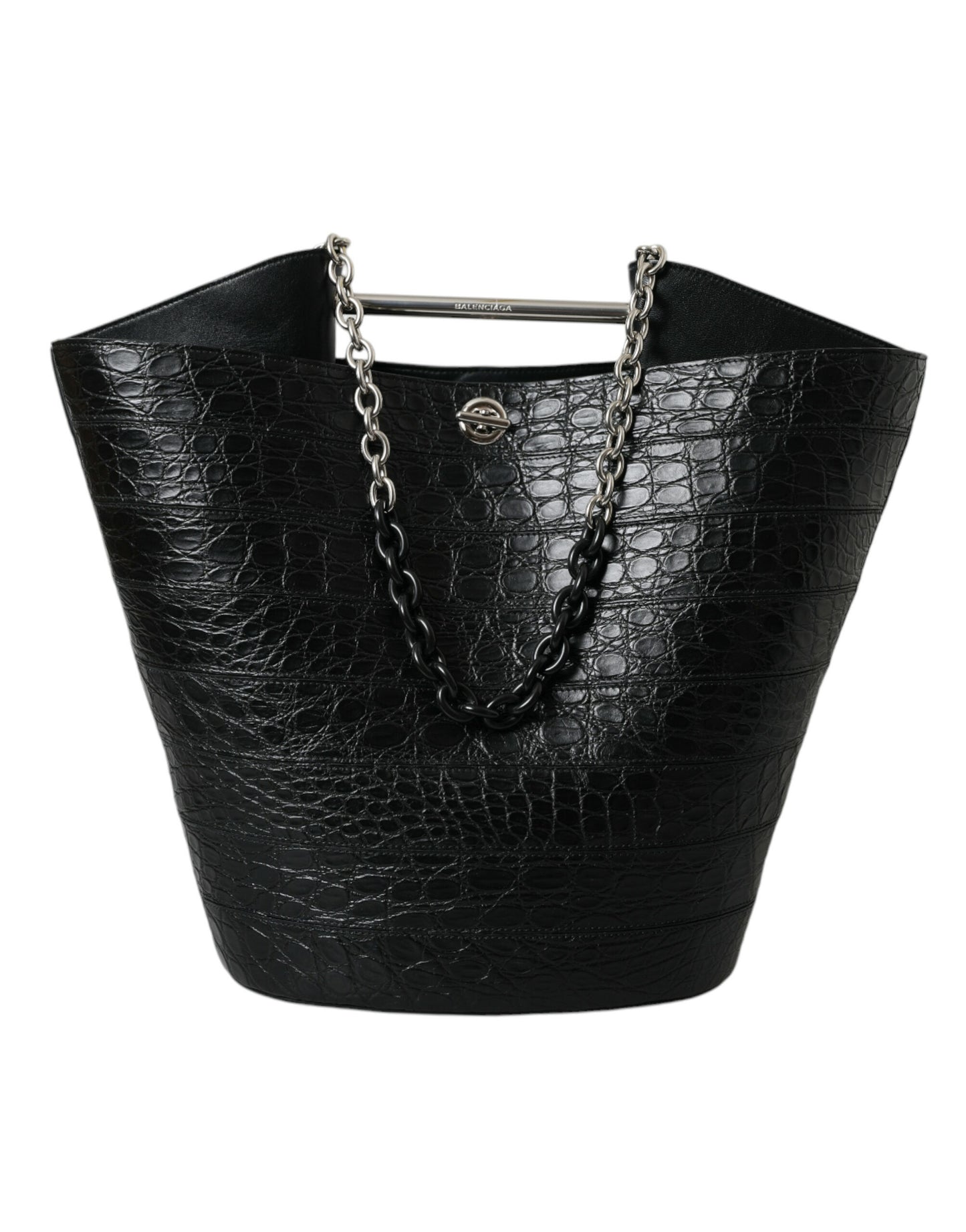 Balenciaga Elegant Black Crocodile Leather Maxi Bucket Bag at The Platonist