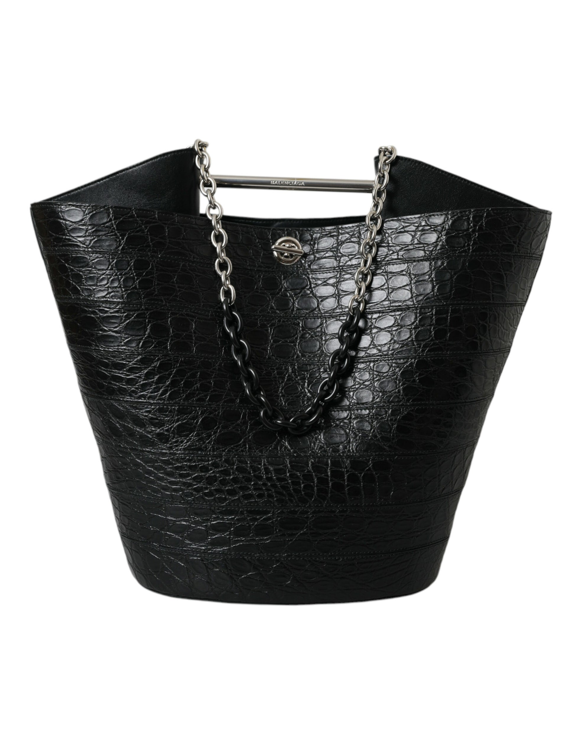 Balenciaga Elegant Black Crocodile Leather Maxi Bucket Bag at The Platonist