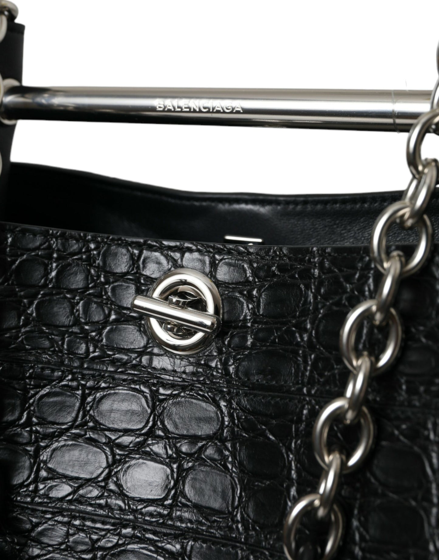 Balenciaga Elegant Black Crocodile Leather Maxi Bucket Bag at The Platonist