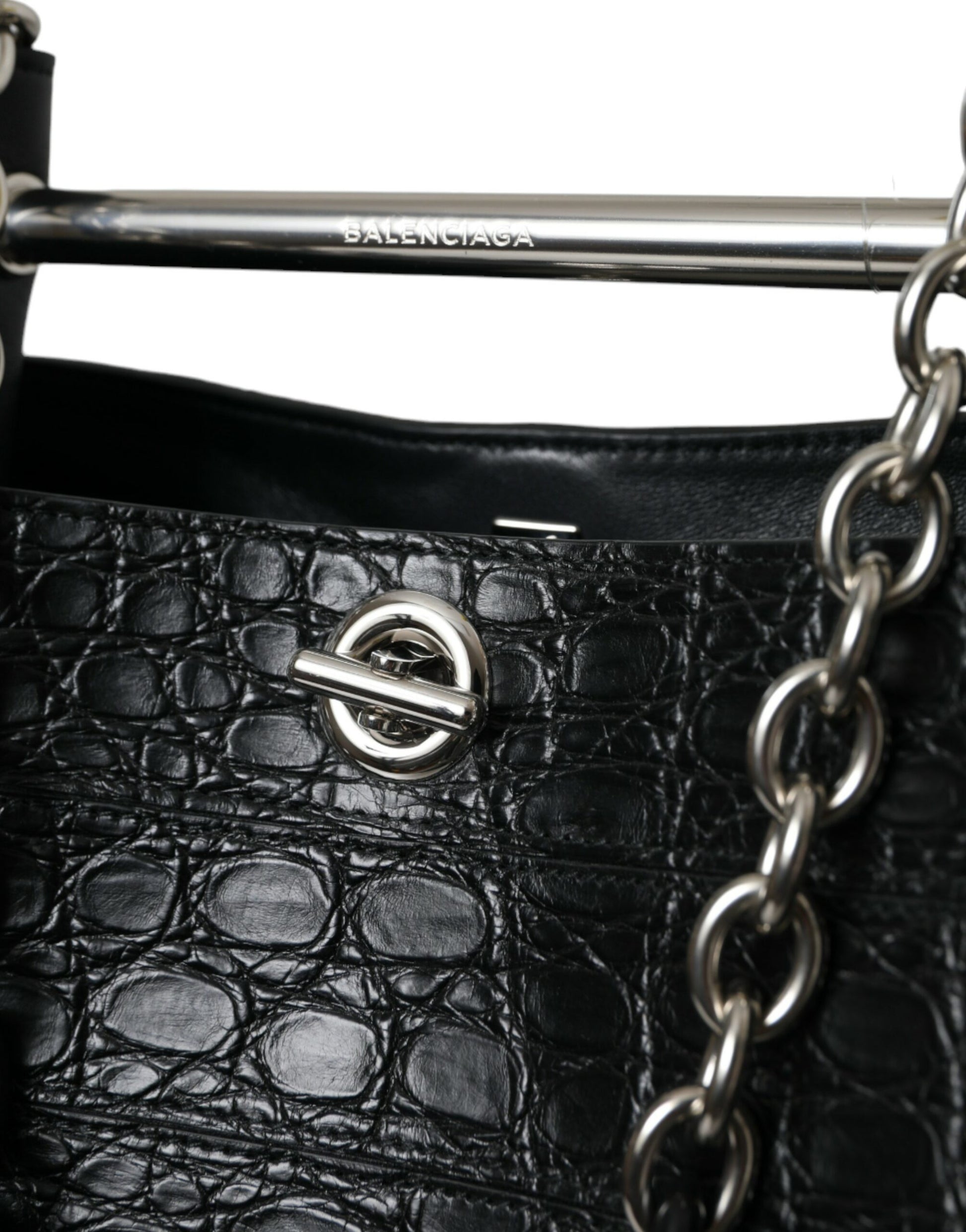 Balenciaga Elegant Black Crocodile Leather Maxi Bucket Bag at The Platonist