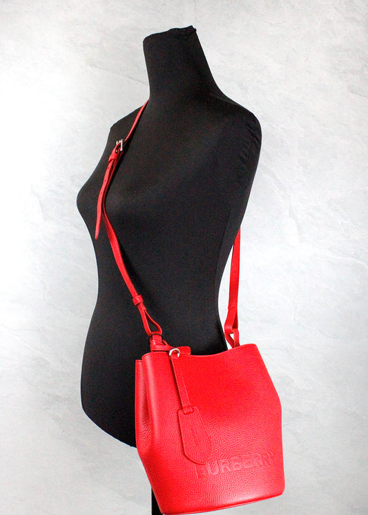 Burberry Lorne Small Red Pebbled Leather Bucket Crossbody Purse Bag at The Platonist