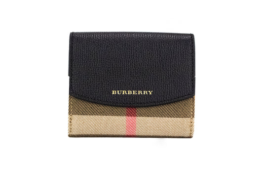 Burberry Luna Black Grained Leather House Check Canvas Coin Pouch Snap Wallet at The Platonist
