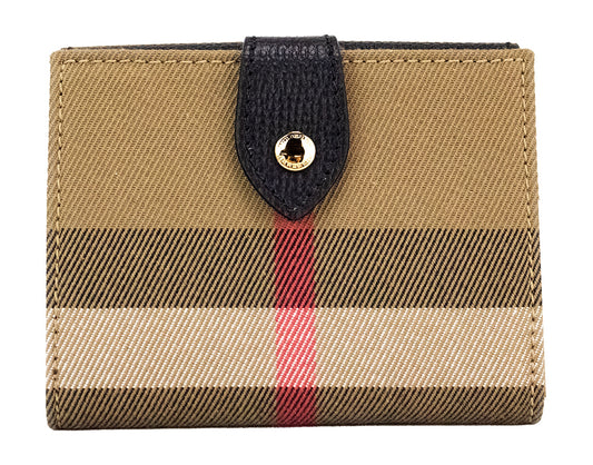 Burberry Luna Black Grained Leather House Check Canvas Coin Pouch Snap Wallet at The Platonist