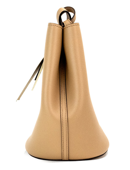 Burberry Lorne Small Camel Haymarket Check Pebble Leather Bucket Handbag Purse at The Platonist