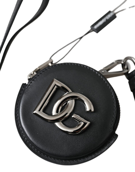 Dolce &amp; Gabbana – Schwarzes rundes Leder-Portemonnaie mit DG-Logo und Schlüsselband