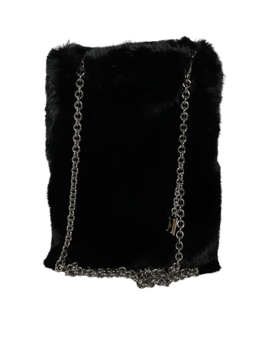 Dolce &amp; Gabbana – Umhängetasche mit silberner Kette und Kunstfell in Schwarz