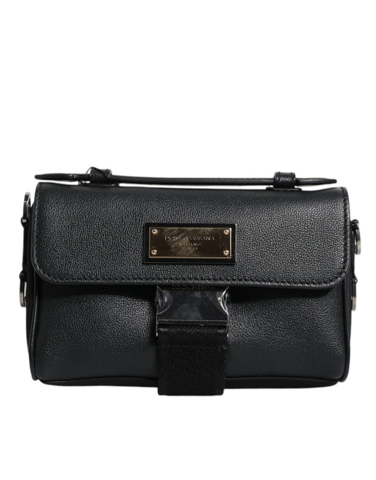 Dolce &amp; Gabbana – Schwarze Umhängetasche aus Leder mit Logo-Schild und Schnalle