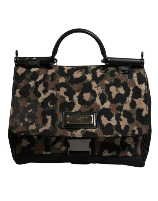 Sac fourre-tout Sicily en nylon laqué marron à imprimé léopard Dolce &amp; Gabbana