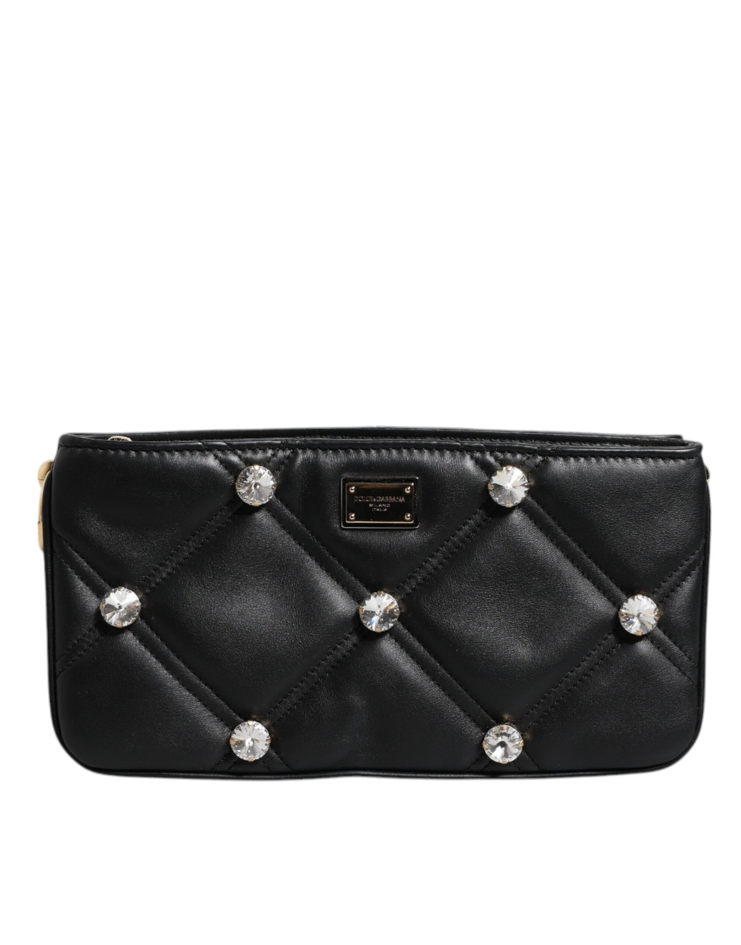 Dolce &amp; Gabbana – Schultertasche aus schwarzem Leder mit Kristallverzierung und Logo