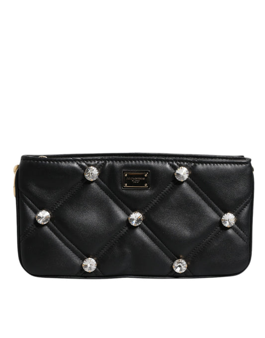 Dolce &amp; Gabbana – Schultertasche aus schwarzem Leder mit Kristallverzierung und Logo