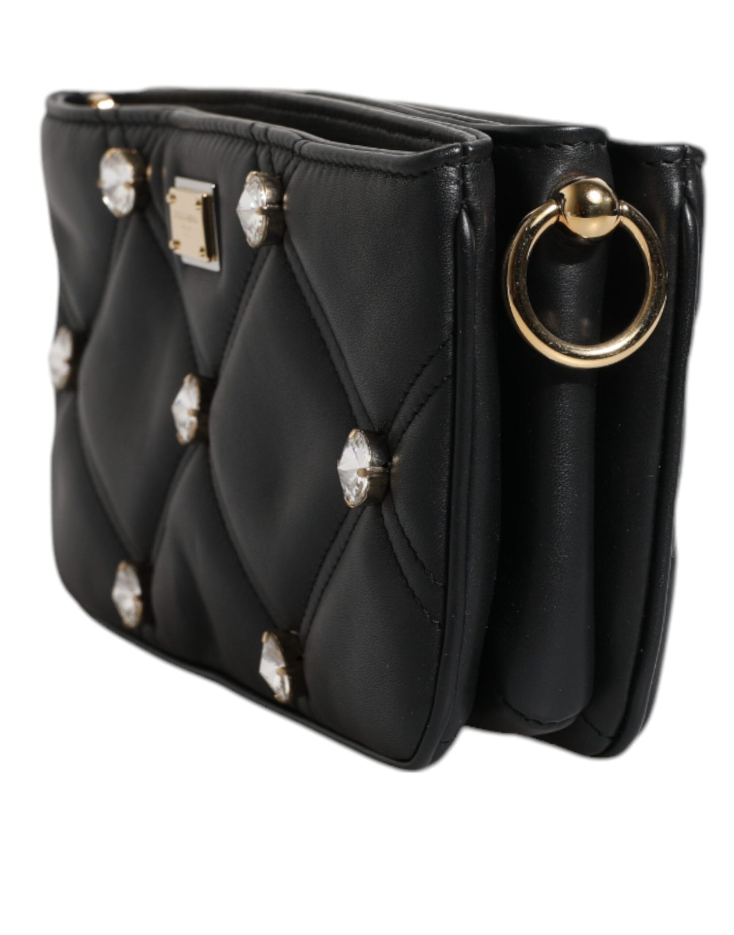 Dolce &amp; Gabbana – Schultertasche aus schwarzem Leder mit Kristallverzierung und Logo