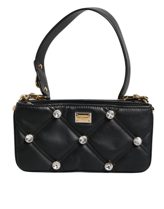Dolce &amp; Gabbana – Schultertasche aus schwarzem Leder mit Kristallverzierung und Logo