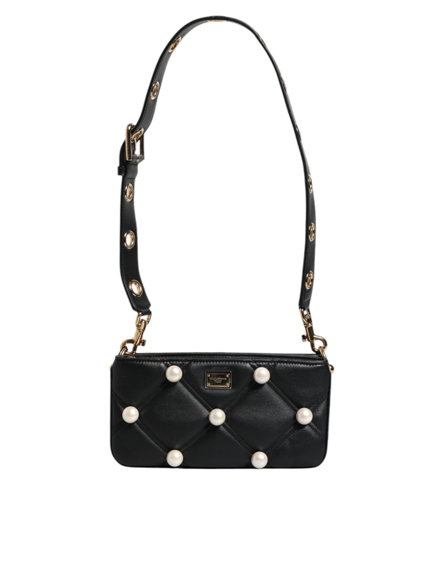 Dolce &amp; Gabbana – Schultertasche aus schwarzem Leder mit Perlenverzierung und Logo