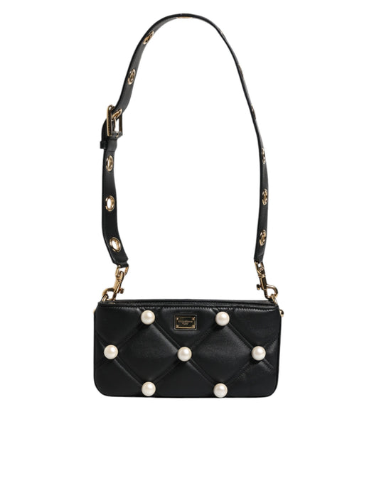Dolce &amp; Gabbana – Schultertasche aus schwarzem Leder mit Perlenverzierung und Logo