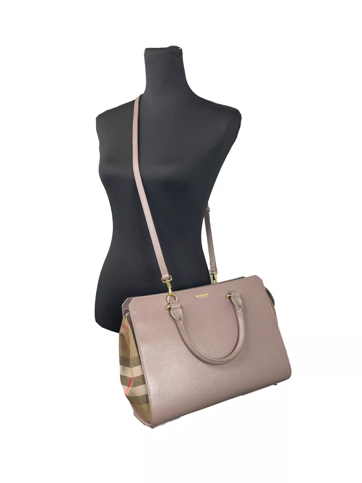 Burberry Small Banwell Leather Tote Bag Purse Grey Mink at The Platonist