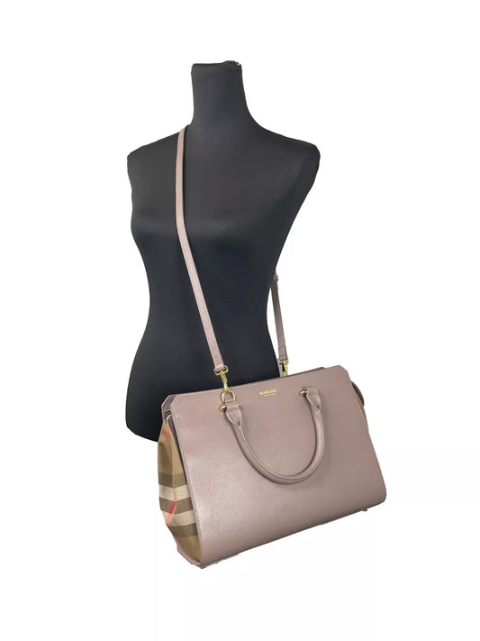 Burberry Small Banwell Leather Tote Bag Purse Grey Mink at The Platonist